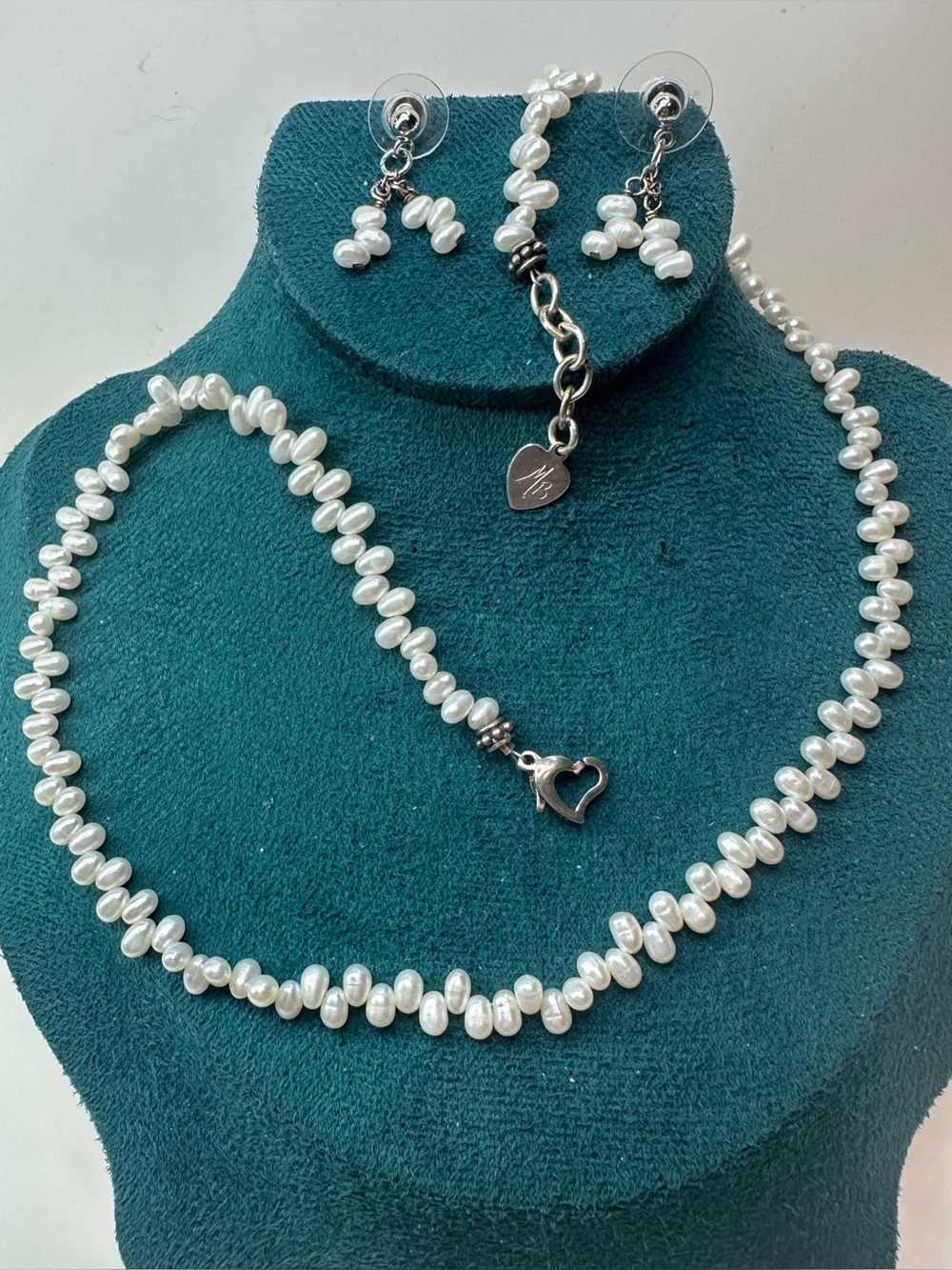 Genuine Pearl Necklace Earrings Set Sterling Silver 925 Signed MB Jewelry Design
